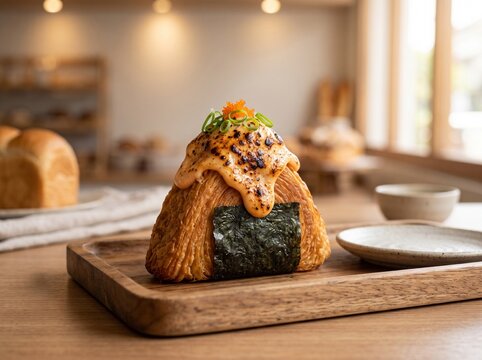 Gourmet croissant onigiri topped with torched mentaiko mayo and tobiko in cozy bakery, highlighting creative fusion pastry trend