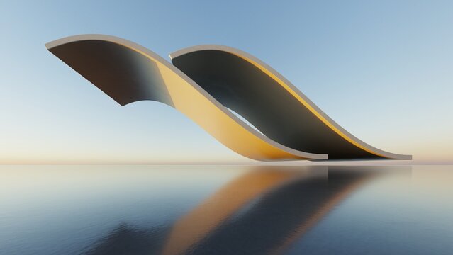 Abstract architecture background, Repeating white wave canopy structures on reflective floor, Scene for car presentation, Modern Exterior, 3D rendering