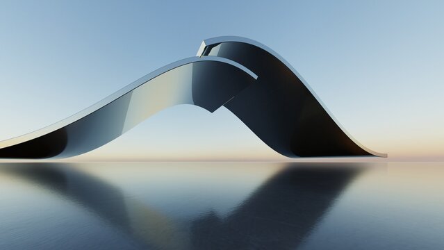 Abstract architecture background, Repeating white wave canopy structures on reflective floor, Scene for car presentation, Modern Exterior, 3D rendering