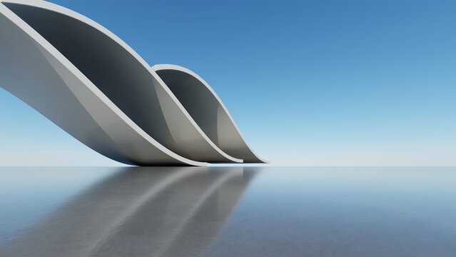 Abstract architecture background, Repeating white wave canopy structures on reflective floor, Scene for car presentation, Modern Exterior, 3D rendering