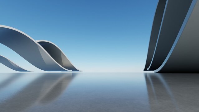 Abstract architecture background, Repeating white wave canopy structures on reflective floor, Scene for car presentation, Modern Exterior, 3D rendering