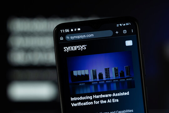 Sunnyvale, United States - 03 August 2026: Close-up of Synopsys homepage on a smartphone.