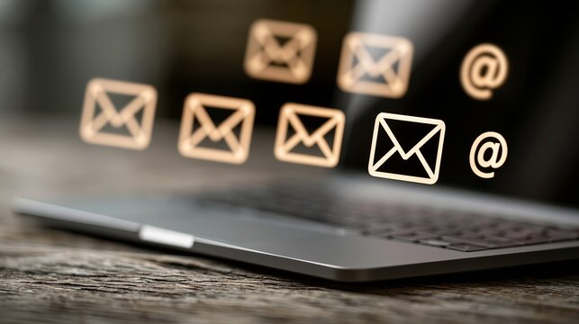 Digital email icons floating above modern laptop keyboard surface representing global communication business connectivity speed and efficient virtual network data exchange