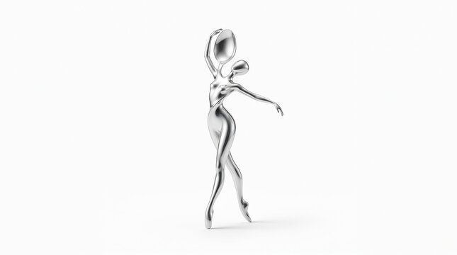 Metallic silver ballerina sculpture, abstract chrome dancer figurine in elegant pose, polished steel female statue on white background