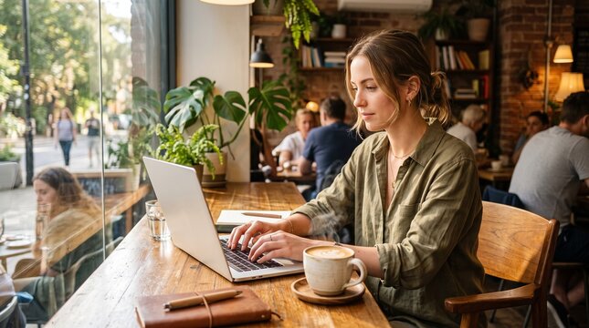 Young female digital nomad working on laptop with coffee by window in cozy cafe, depicting remote work lifestyle and freelance freedom
