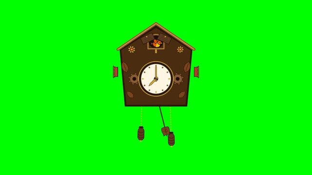 Animated Brown Wooden Cuckoo Clock with Swinging Pendulum on Green Screen