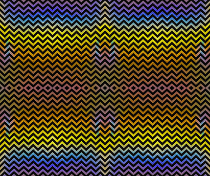 a vibrant, abstract chevron pattern with a rainbow-like color gradient and bold black zigzag lines