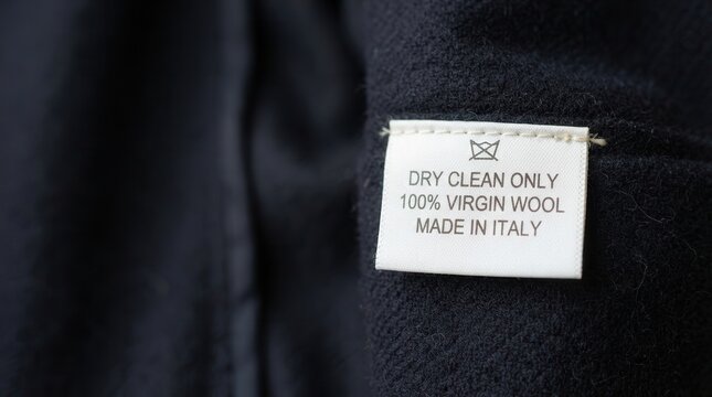 Detailed close-up of a premium 100% virgin wool garment label highlighting Italian craftsmanship and essential dry cleaning instructions