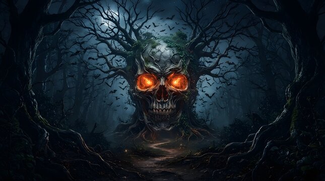 Immerse yourself in the chilling embrace of halloween night with this captivating wallpaper featuring a hauntingly beautiful skull face formed from the eerie branches of