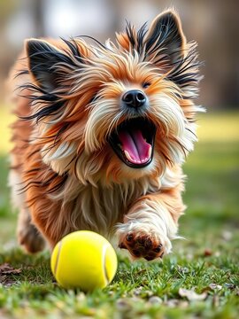 Furry friend eagerly chases after bouncing tennis ball, nature, sunshine