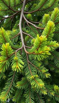 Conifer tree branches intertwining with leaves in shades of green, Outdoors, ||Camouflage