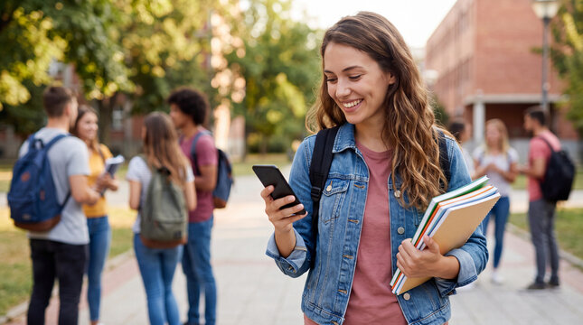 Young woman with long hair smiles while using smartphone and holding books on a college campus with students in the background