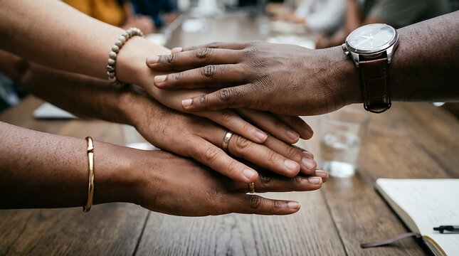 Diverse team members stacking hands together in unity and corporation at conference table