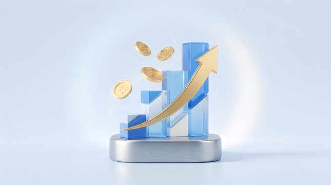 3d render of a blue glass bar chart with rising golden arrow and floating coins representing financial growth