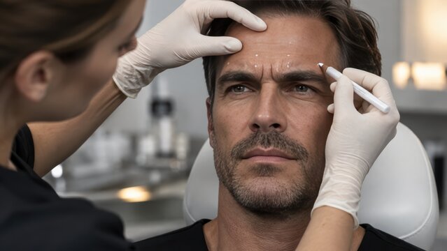 Male patient botox mapping brow lift forehead frown lines white pencil injection dots latex gloves aesthetic clinic cosmetic treatment middle aged man