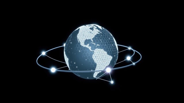 Earth globe surrounded by glowing network. Digital connections represent global communication, technology, data streams. Futuristic concept.