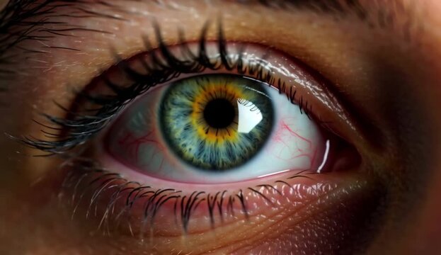  Extreme close-up of a blue-green eye with red veins, 4K video