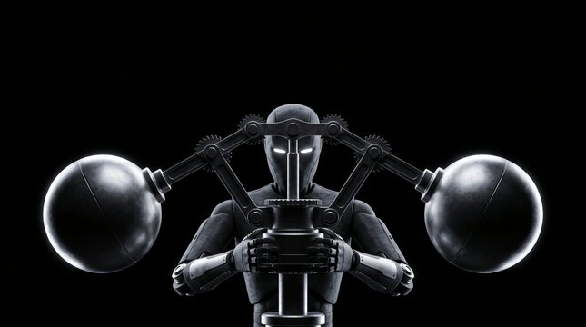 dark silhouette of humanoid robot calibrating flyball governor system for centrifugal speed regulation and mechanical control on seamless pitch black background with dramatic overhead rim lighting