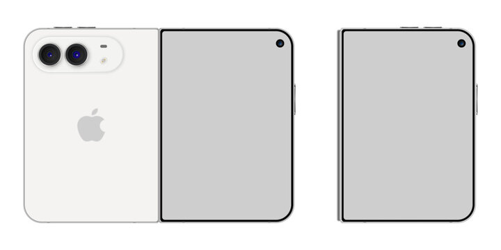 3D render of a white new foldable iphone duo smartphone concept with dual cameras and external display isolated on a white background.