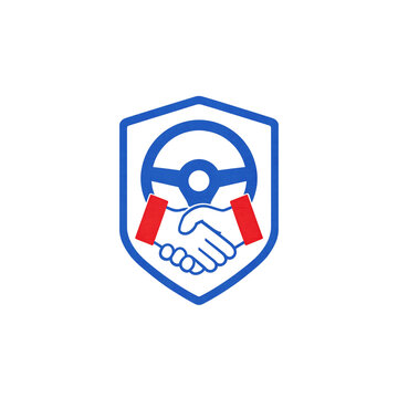 Car rental handshake deal icon, featuring steering wheel inside shield, auto partnership vector illustration for business project