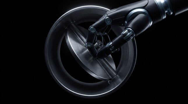dark silhouette of humanoid robot modulating circular butterfly valve disc to throttle fluid pipeline flow on seamless pitch black background with dramatic low key overhead rim lighting