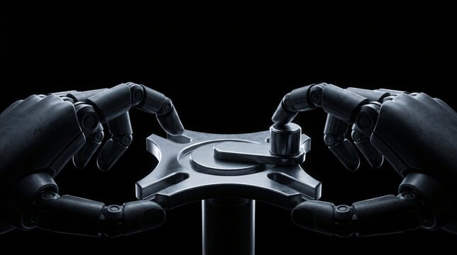 dark silhouette of humanoid robot engaging indexing pin in geneva wheel for intermittent motion cycle timing on seamless pitch black background with dramatic low key overhead studio rim lighting