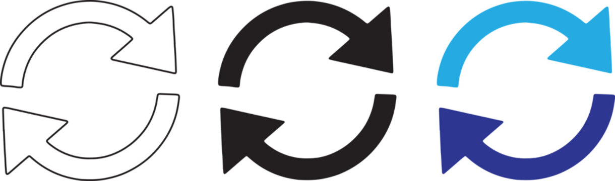 Set of refresh and reload arrow icons in different styles including outline, solid black, and blue gradient