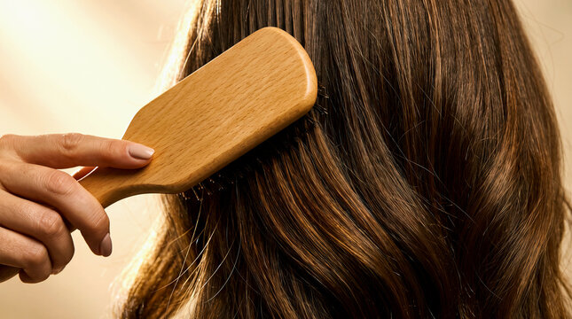 Closeup of a woman brushing her long, wavy brown hair with a wooden hairbrush