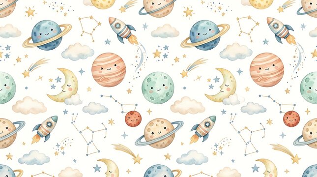 Cute watercolor pattern featuring smiling planets rockets and celestial moon figures floating among tiny twinkling stars and fluffy clouds creates a whimsical space adventure for children