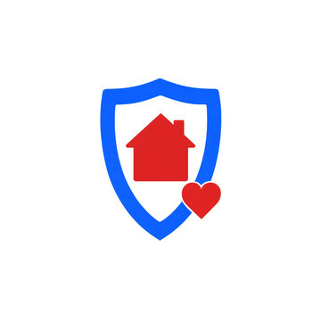 House protection icon featuring home silhouette inside shield, family housing care heart vector graphic art illustration