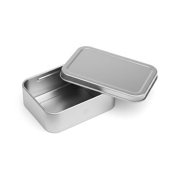 Metal container with a removable lid sits on a flat surface, showing inside space ready for use