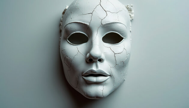 Cracked white mask depicting human features with detailed texture and intricate lines on surface. Expressionless mask showcases artistic representation of identity and emotions.