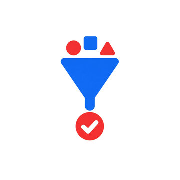 Funnel data filtering icon featuring geometric shapes and checkmark, conversion pipeline vector graphic illustration, process completion