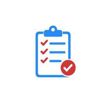 Clipboard checklist icon featuring check marks and completion badge, survey task management vector illustration, approved report graphic