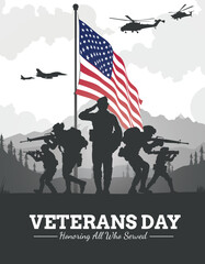 Obraz premium Veteran's day silhouette vector illustration with american flag and soldiers.