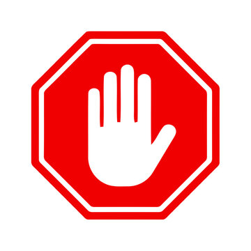Red octagon stop sign with white palm hand symbol for safety and prohibition forbidden restricted emergency octagonal regulatory attention restriction stopwatch avoidance