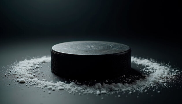 Hockey puck on black surface with scattered ice shavings and dramatic lighting, showcasing details of the puck and its unique texture.