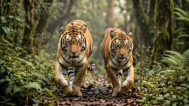 cinematic two bengal tiger walking through ranthambore national park india asian forest video