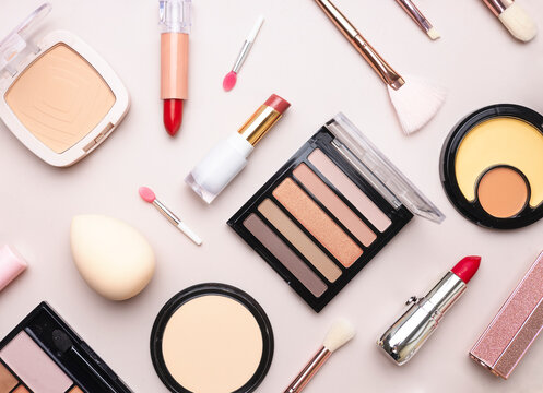 Cosmetics set closeup, makeup items collection, beauty products arrangement.Shadows,lipstick,powders.Nobody.Objects.