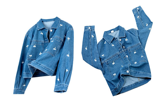 Denim jacket set flying isolated on white.