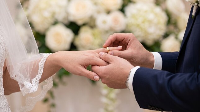 Close-up of groom placing gold wedding ring on bride finger during floral ceremony, symbolizing eternal love and commitment