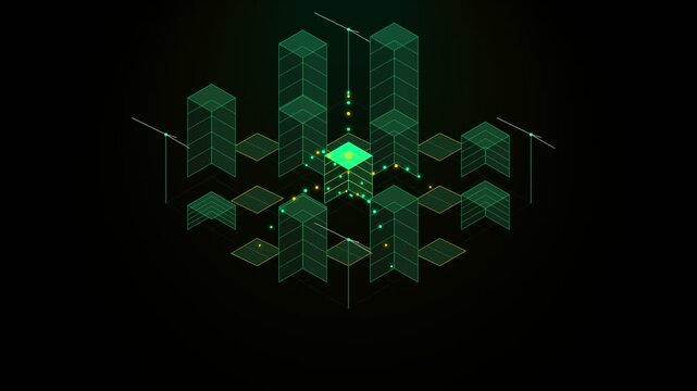 Abstract digital data visualization with glowing nodes and isometric grid