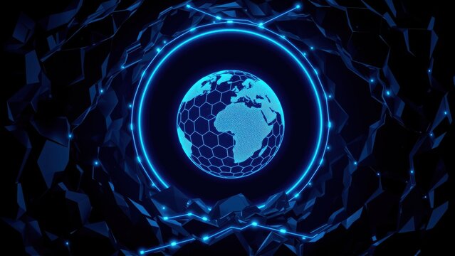 Blue globe surrounded by glowing lines, polygonal shapes. Digital world concept, futuristic design, dark background.