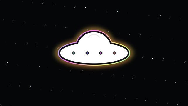Glowing Neon Alien UFO Flying Saucer Animation Floating In Dark Outer Space Environment With Shining Stars For Science Fiction Futuristic Visuals