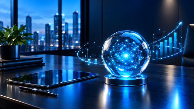 Glowing crystal orb with digital network data on office desk near tablet symbolizing future corporate vision and business growth strategy