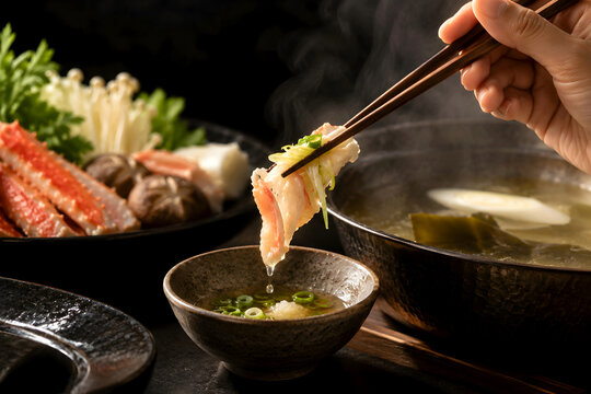 Kani nabe, Japanese crab hot pot with crab meat held by chopsticks