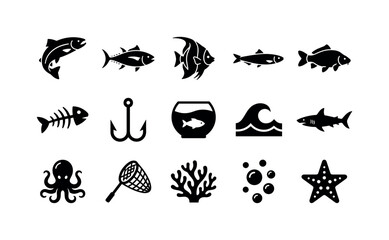 Obraz premium Fish Species Symbols, solid glyph icon set featuring salmon silhouette, tuna silhouette, tropical fish, sardine, carp, fishbone, fishing hook, aquarium bowl and ocean wave symbols, covering fish,