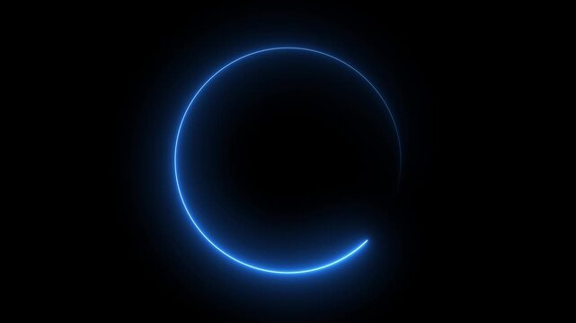  Abstract two tone neon color shade motion graphic on isolated black background. Blue neon light trail circle on black background. Abstract neon light with neon circle background.