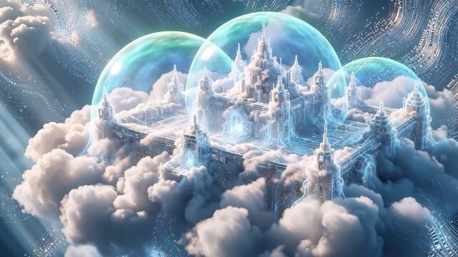 Majestic Futuristic Cloud Castle Inside Transparent Protective Energy Bubbles Over Digital Sci-Fi Atmosphere
