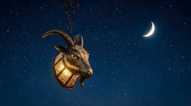 A magical glowing goat head lantern hanging in the night sky with a crescent moon.